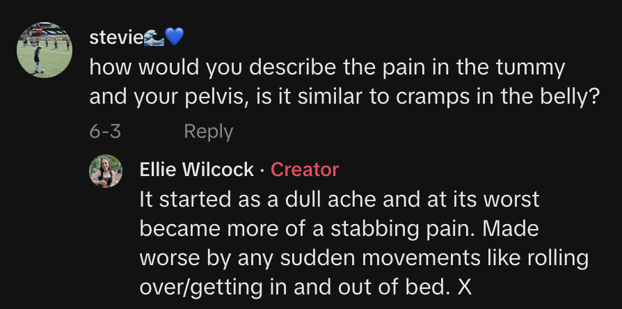 She explained how the pain in her pelvis felt to help others be more mindful.