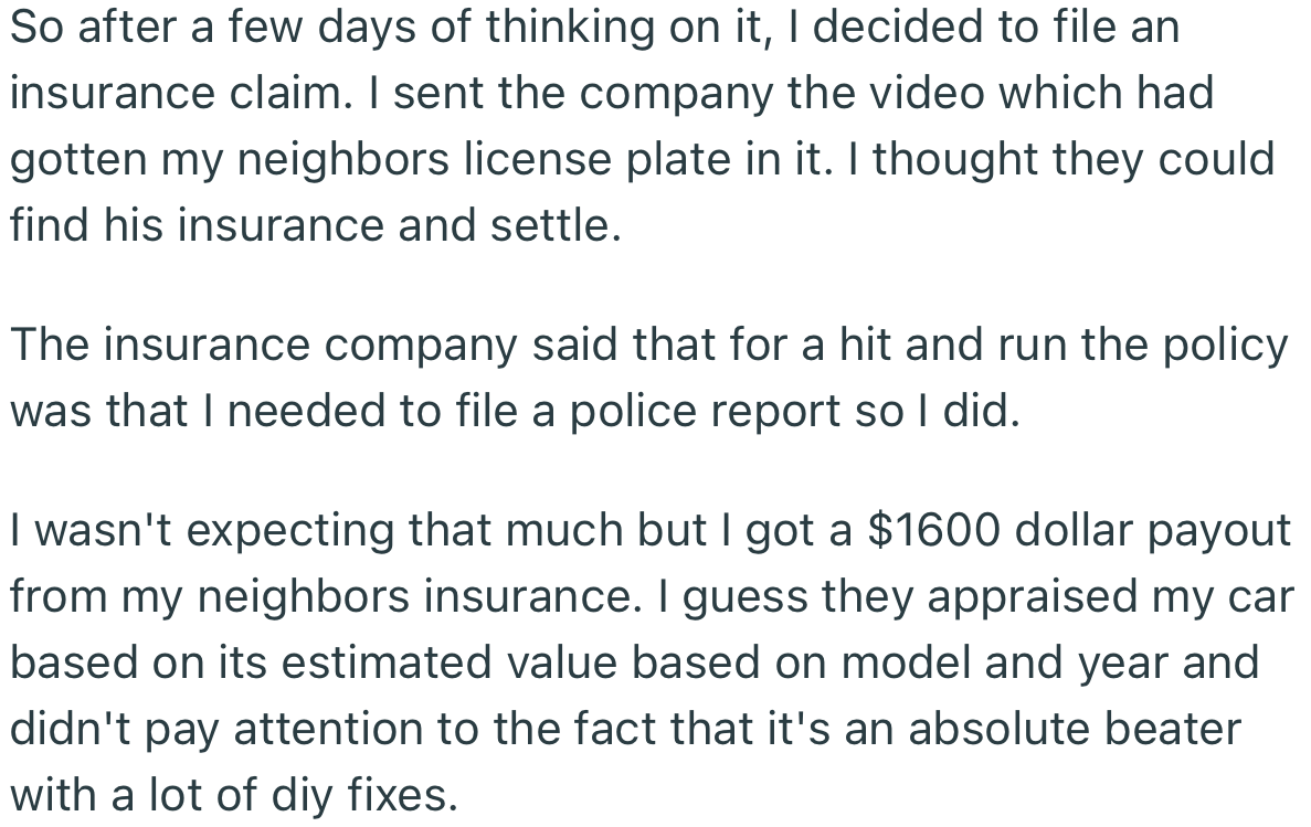 OP filed an insurance claim and got a $1600 payout from their neighbor’s insurance