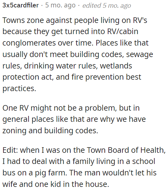 Towns restrict RV living due to concerns about non-compliance with building codes, sewage, water regulations, wetlands protection, and fire safety.