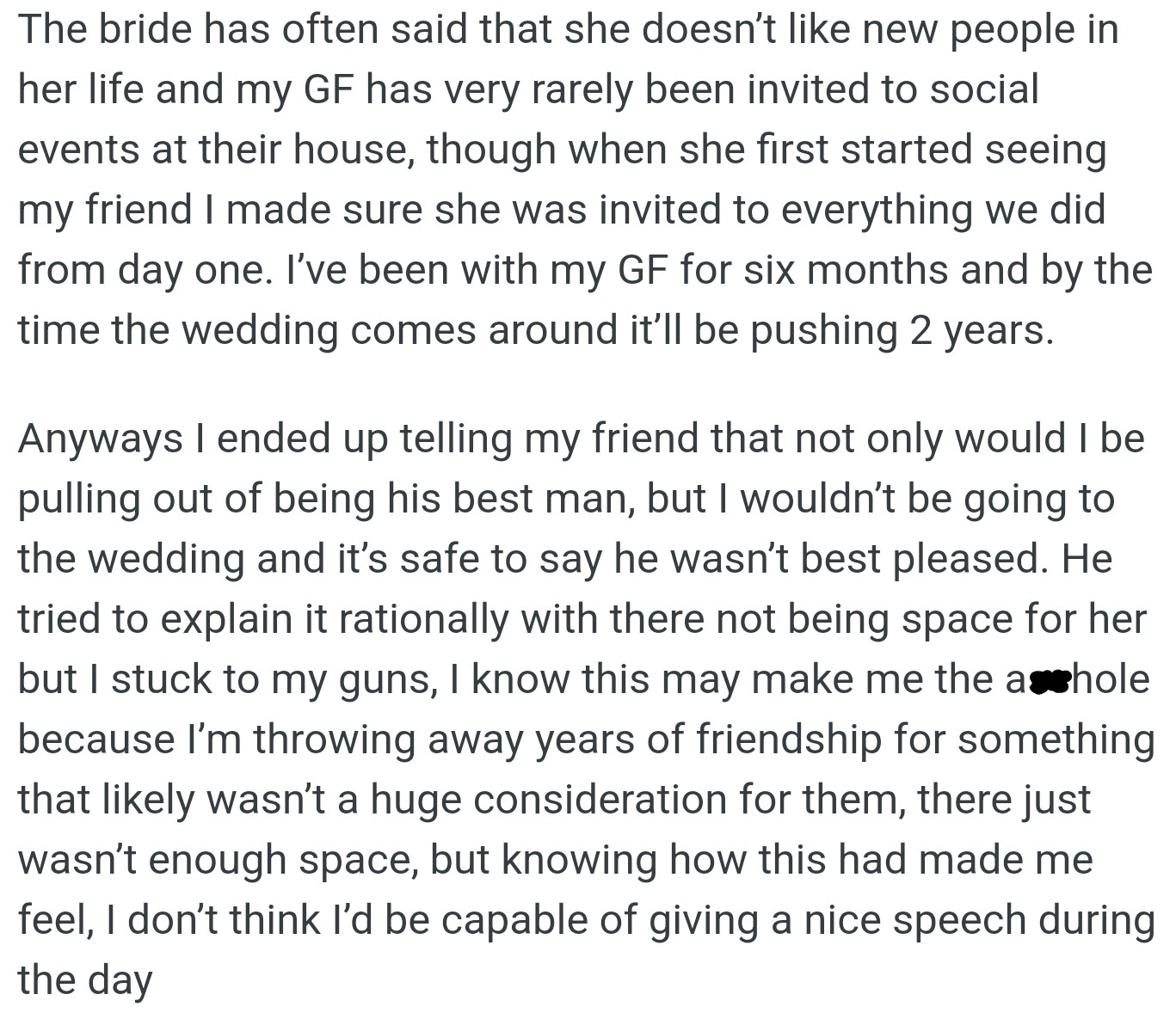 OP stepped down as best man and declined the wedding invitation after his girlfriend was not included on the guest list.