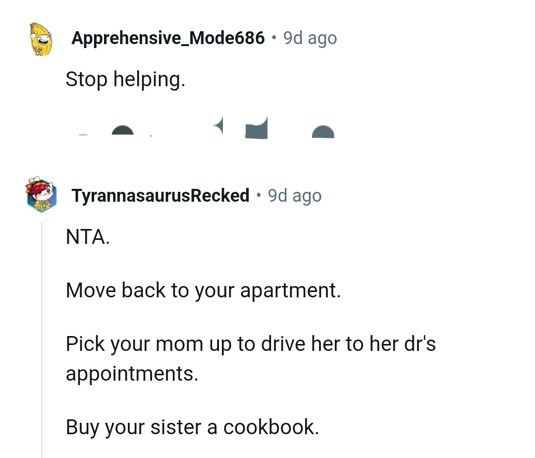 The OP should move back to her apartment