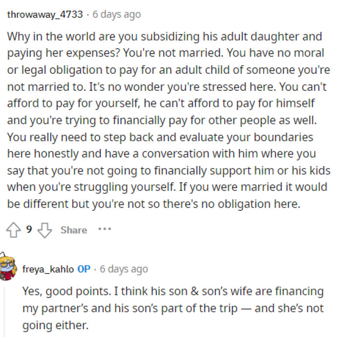 Some people are telling OP that she's being too generous and she needs to stop paying for things for his adult kids.