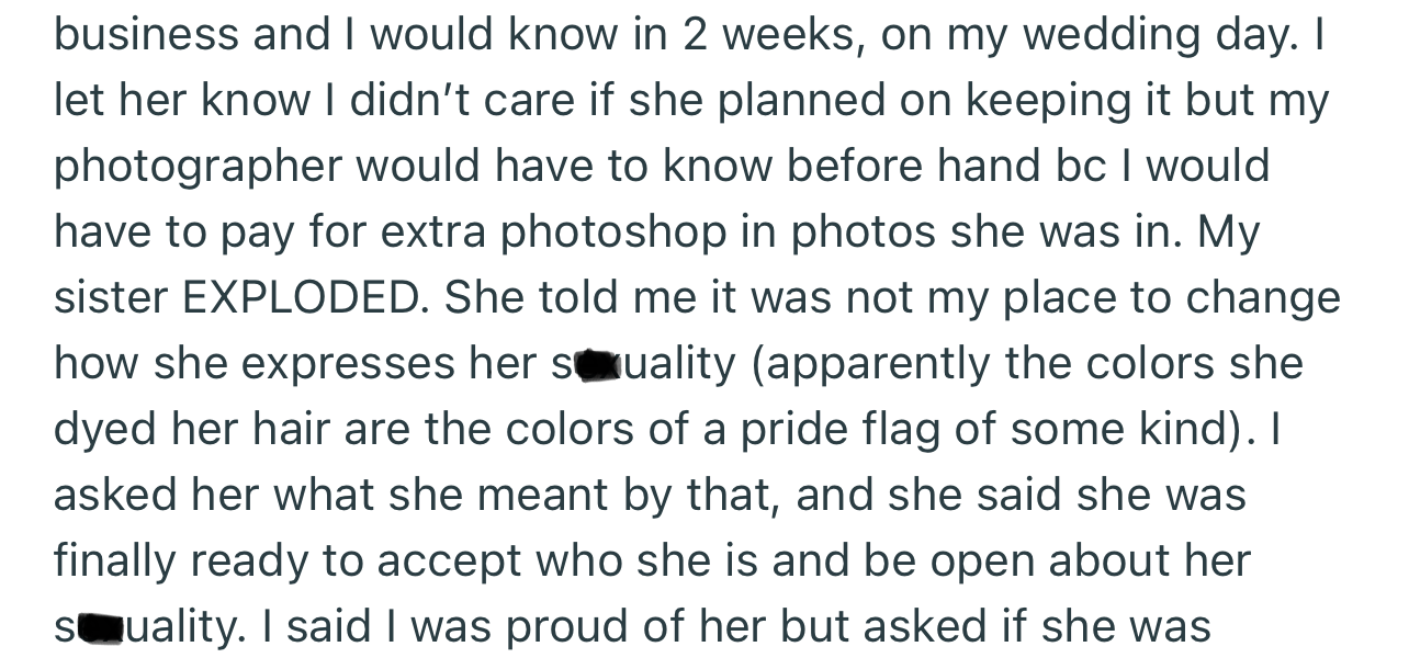 OP’s sister dyed her hair the same color as the pride flag. Apparently, she came out clean to OP about her s*xuality