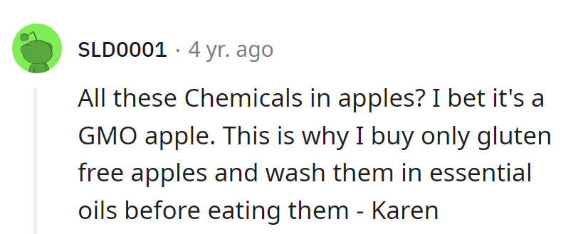 Karen's on a quest for gluten-free, chemical-free apples, garnished with essential oil perfection! Watch out, GMOs!
