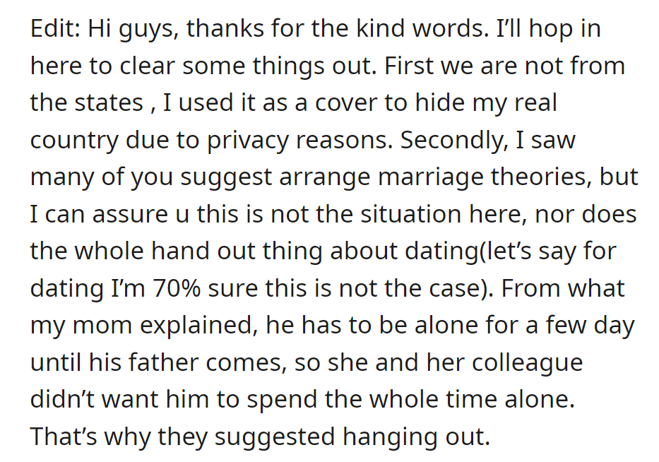 OP dismisses theories of arranged marriage or dating, explaining the son needed company until his father arrived, prompting the hangout suggestion.