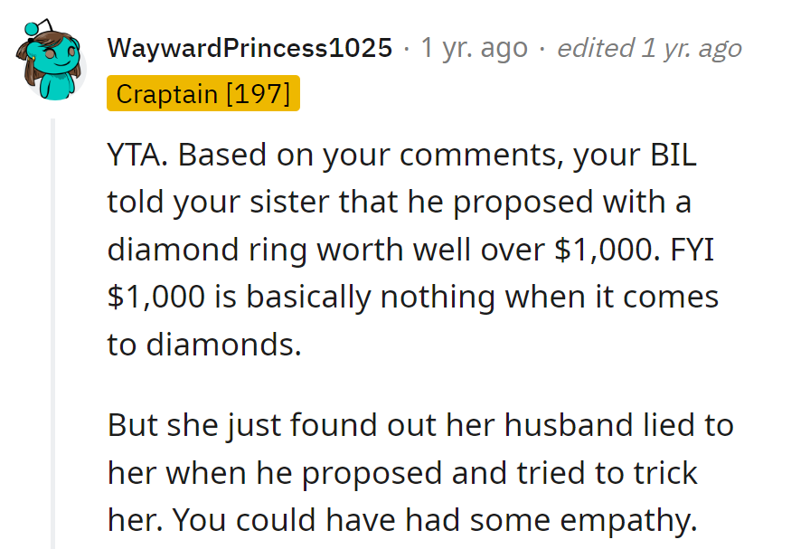 Oops! BIL's diamond deception—$1,000 worth of fool's gold.