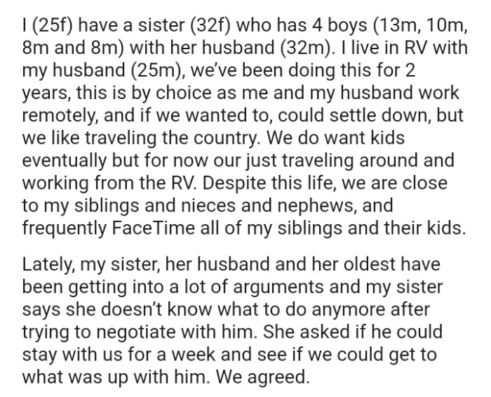 The OP and her partner do want kids eventually but for now, they are just traveling around and working from the RV