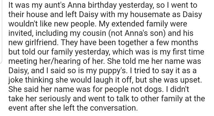 During a family event, OP's cousin's new girlfriend got upset after finding out that she shares the same name with OP's dog