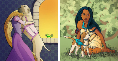 Artist Illustrates Disney Princesses With Service Dogs, Conveying A Powerful Message About Invisible Disabilities