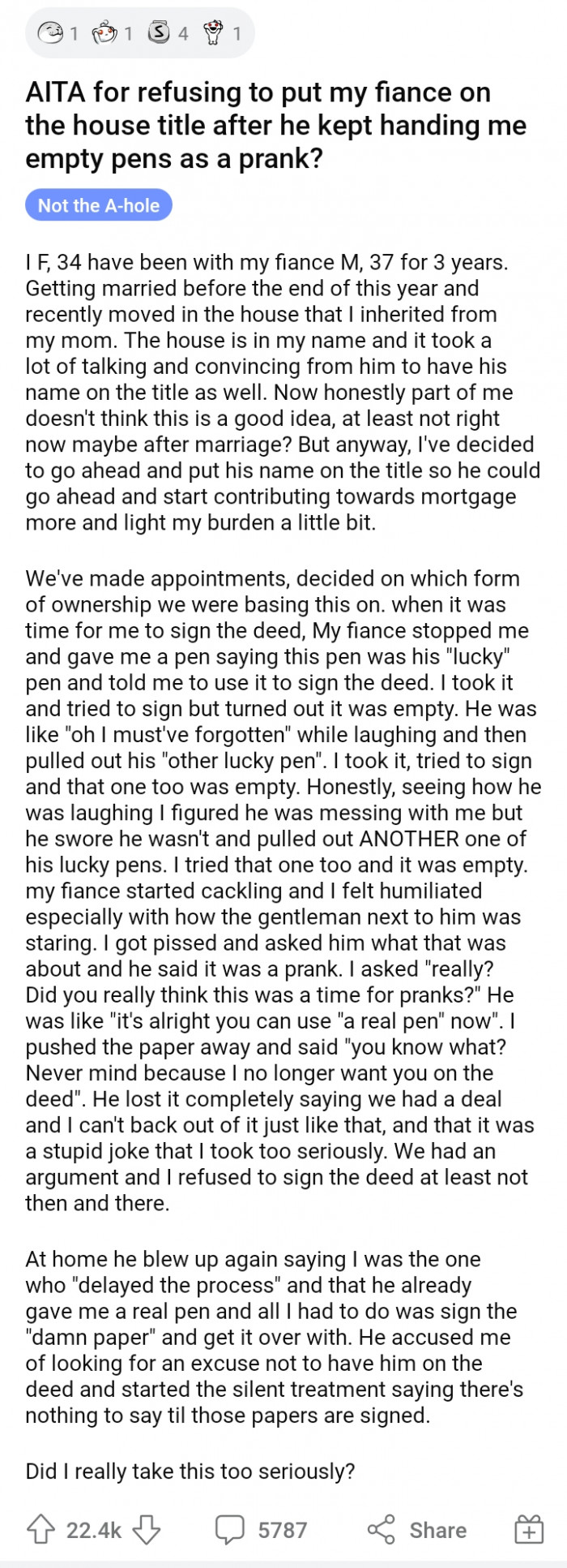 OP shared why they had an argument in the first place and how her fiancé convinced her to include him in the title.