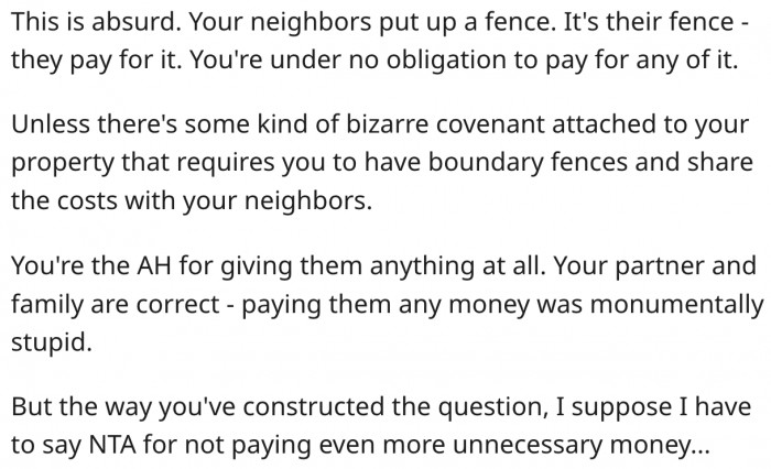 1. She isn't supposed to pay a dime for the fence.