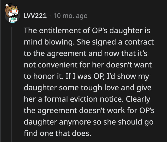 OP was right to remind her of the contract she signed