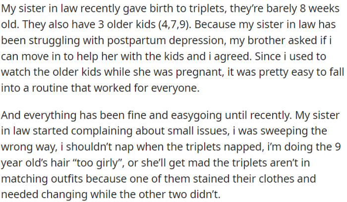 OP moved in to help her sister-in-law with her triplets and three older kids due to her postpartum depression. Things were fine until she started nitpicking about small issues