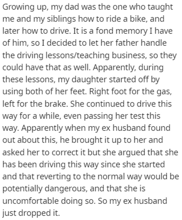 During these lesson, OP's daughter was driving using both feet, which is considered dangerous