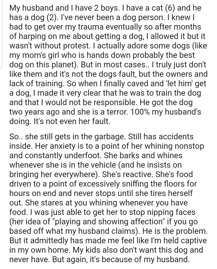 OP has a sweet little cat while their husband has an untrained dog that's terrorizing the entire family