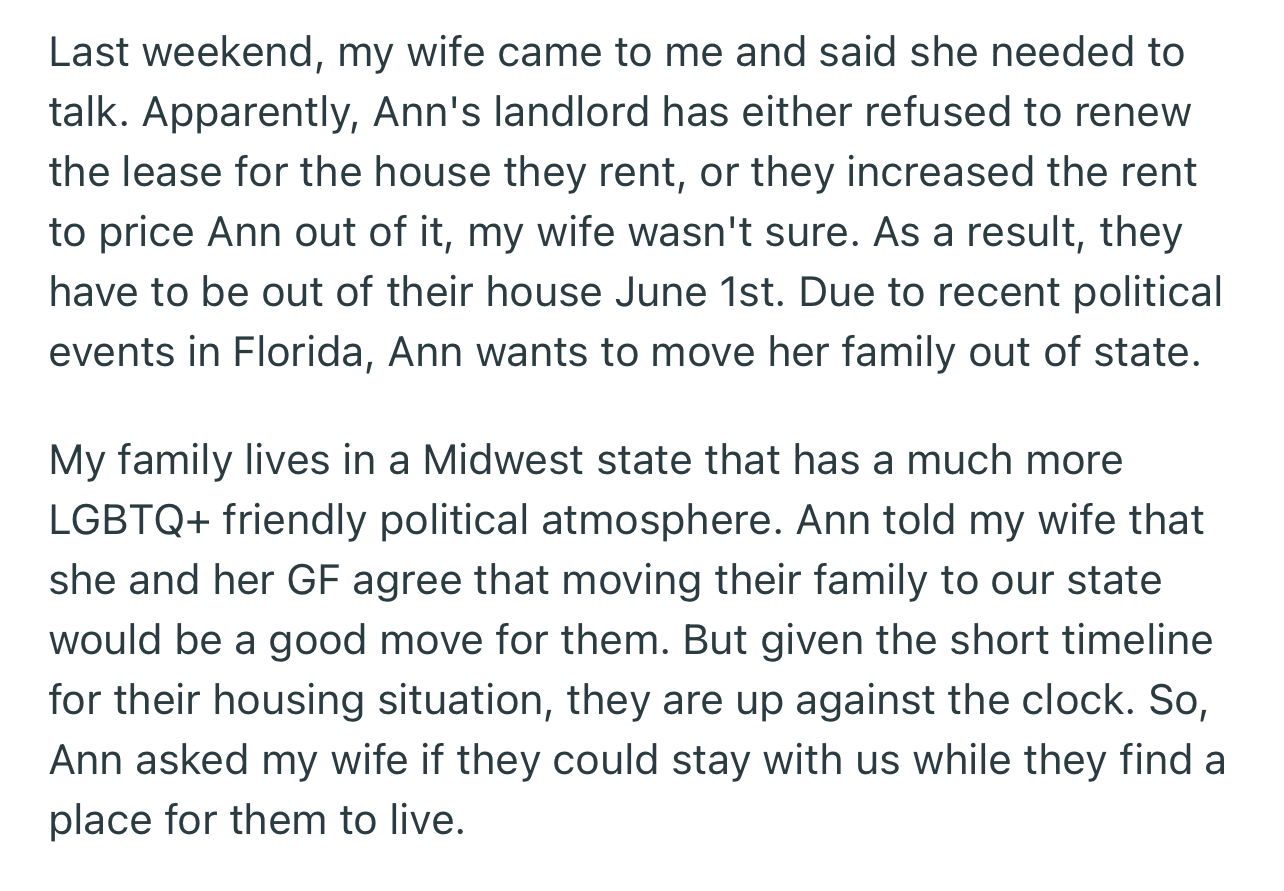 Ann asked OP’s wife (her sister) if she could stay with them till the housing situation was sorted
