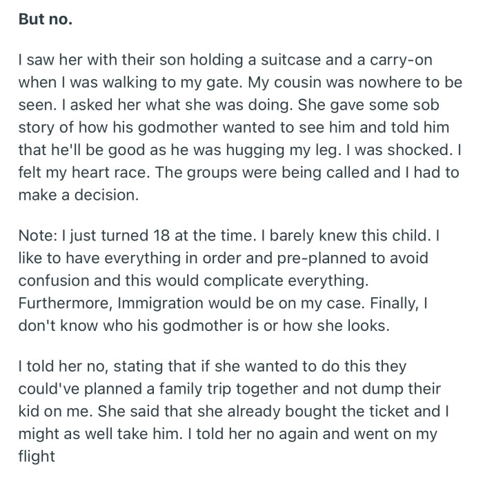 OP’s cousin’s wife came over to the airport and tried to make them take her son back to the Caribbean
