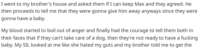 He said that he went to get the dog to keep it instead, but this is when they said that they wanted to have a baby. To which, OP responded quite negatively because of the prior events that happened with their dog.