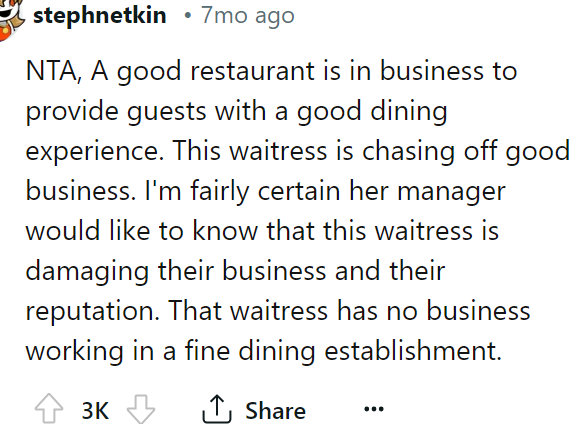 The waitress's manager would like to know about her unprofessional behavior