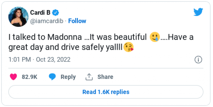 Turn out that Madonna did in fact see Cardi's tweets.