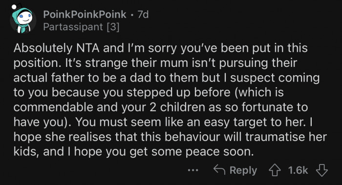 The mother should be trying to contact the biological father(s) of her children.