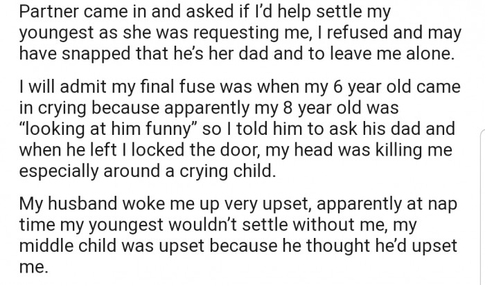 Unfortunately, OP husband found it difficult to handle the kids, and they kept disturbing her rest at intervals. This caused OP to snap out at everyone