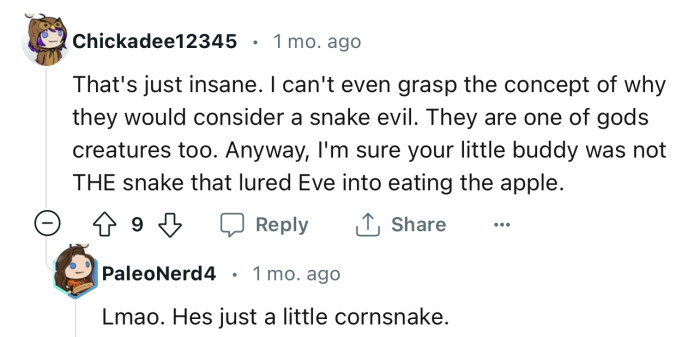 “That's just insane. I can't even grasp the concept of why they would consider a snake evil.”