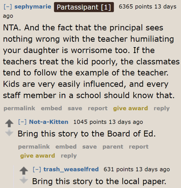 Redditors are worried that students might treat the OP's daughter harsh since they saw their teacher doing it.