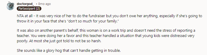 NTA. Kinda sounds like the fundraiser was more about making her look good than helping your family. And nine-year-olds should not be the ones dealing with cleaning up vomit -- at my elementary school, the custodians took care of that.
