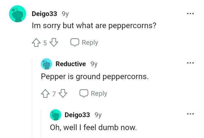This Redditor wants to understand what the OP means by peppercorns and another redditor took the honor of explaining it