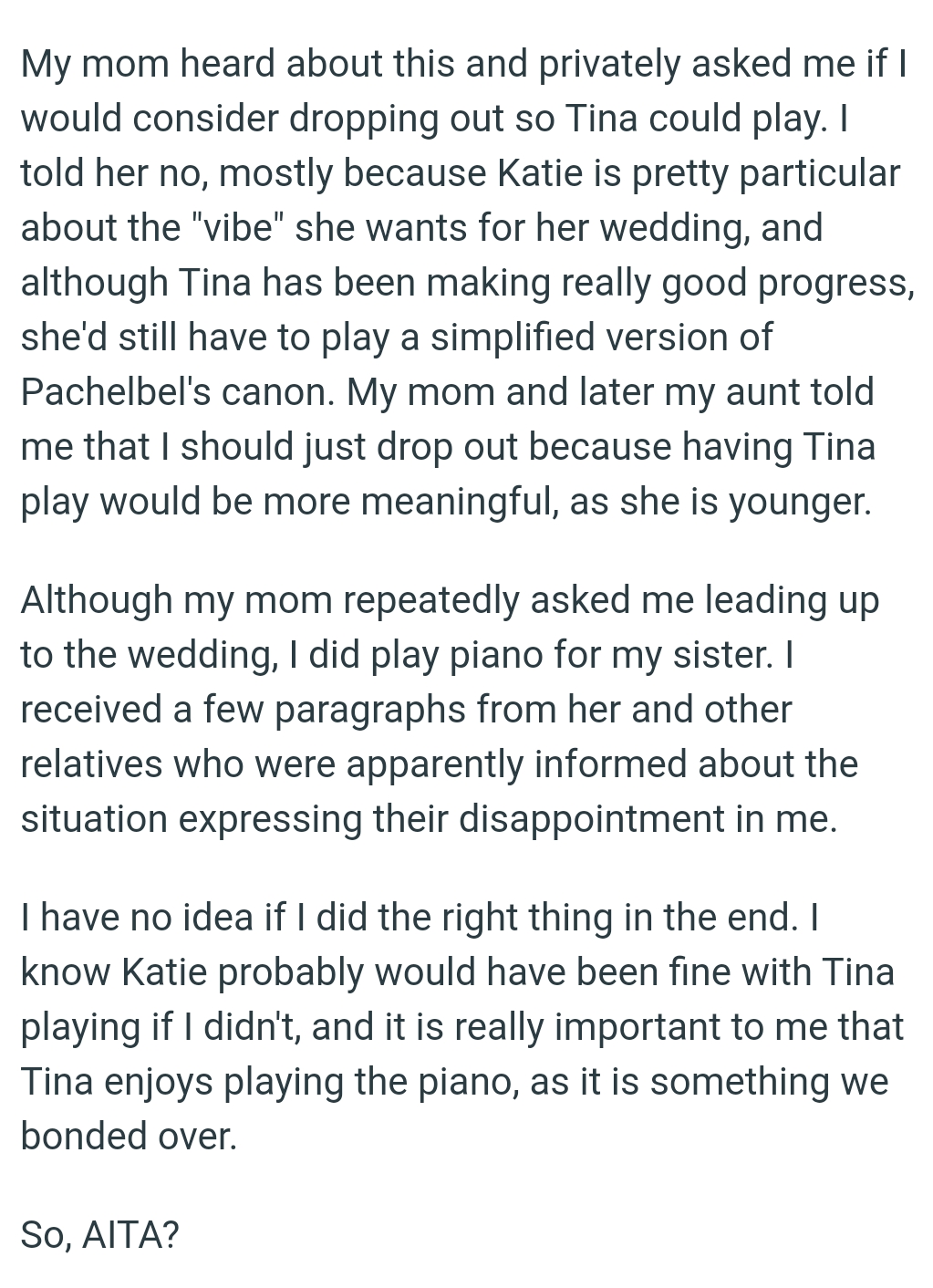 The OP received a few paragraphs from her and other relatives