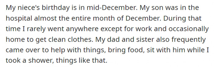 December was the niece’s birth month. Unfortunately, on almost the entirety of that month, OP’s son was hospitalized.