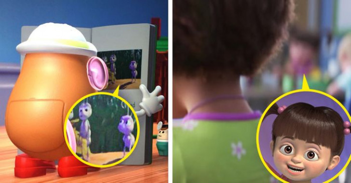 4. Here's a 2 in 1 from the Toy Story movies. On the left we can see Mrs. Potato Head reading A Bug’s Life and on the right scene you can see Boo from Monsters Inc. in the blurry background.