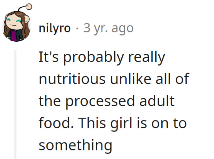 She's onto the baby food trend—probably more nutritious than our processed 'adulting.' Who knew pureed peas could be so avant-garde?