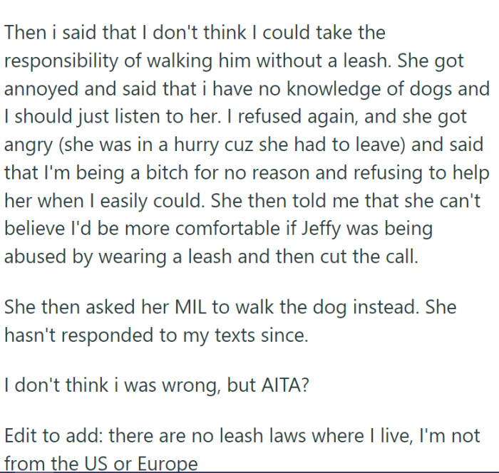 Despite her attempts to explain her concerns, her friend insisted that walking Jeffy with a leash would be tantamount to abuse, a claim our protagonist strongly disagreed with.