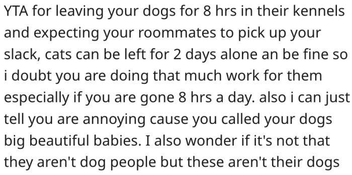 2. She's in the wrong for leaving her dogs in their kennels for 8 hours.