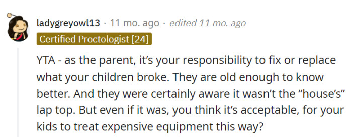 OP should take responsibility for repairing or replacing the damaged item, considering their children's age and understanding of its value.