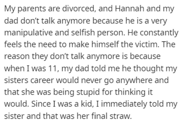 OP's parents are divorced and Hannah no longer talks to OP's dad