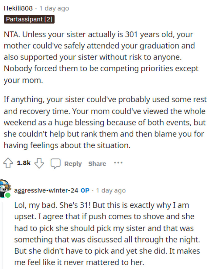 OP actually responded to this person and explains more of why she was upset about this situation.