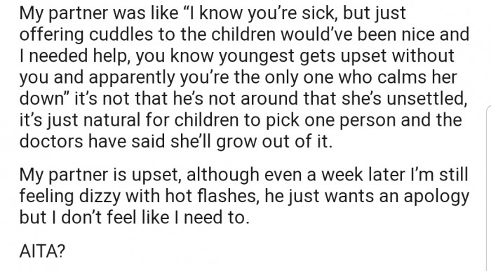 Now her husband is upset, demanding that OP finds a way to assist with the kids even though she's sick