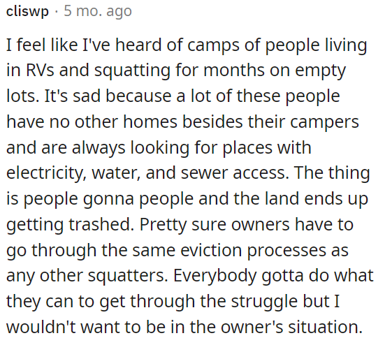 People living in RVs often squat on empty lots, lacking permanent homes and searching for basic amenities like electricity, water, and sewer access.