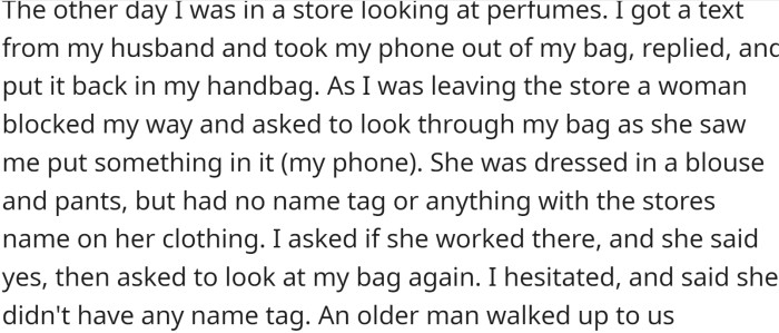 OP was browsing perfumes in a store when she received a text from her husband. She took out her phone, replied, and put it back in her handbag.