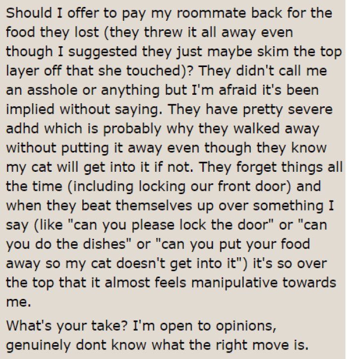 The cat owner is contemplating whether or not to give money to their roommate for the inconvenience.