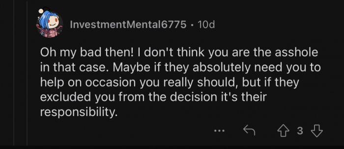 Op was excluded from the decision and should not have any of the responsibility.