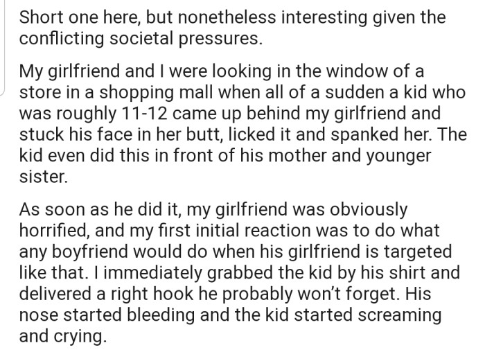 OP's girlfriend was groped by a kid while they were out together, which led him to punch the boy on his nose
