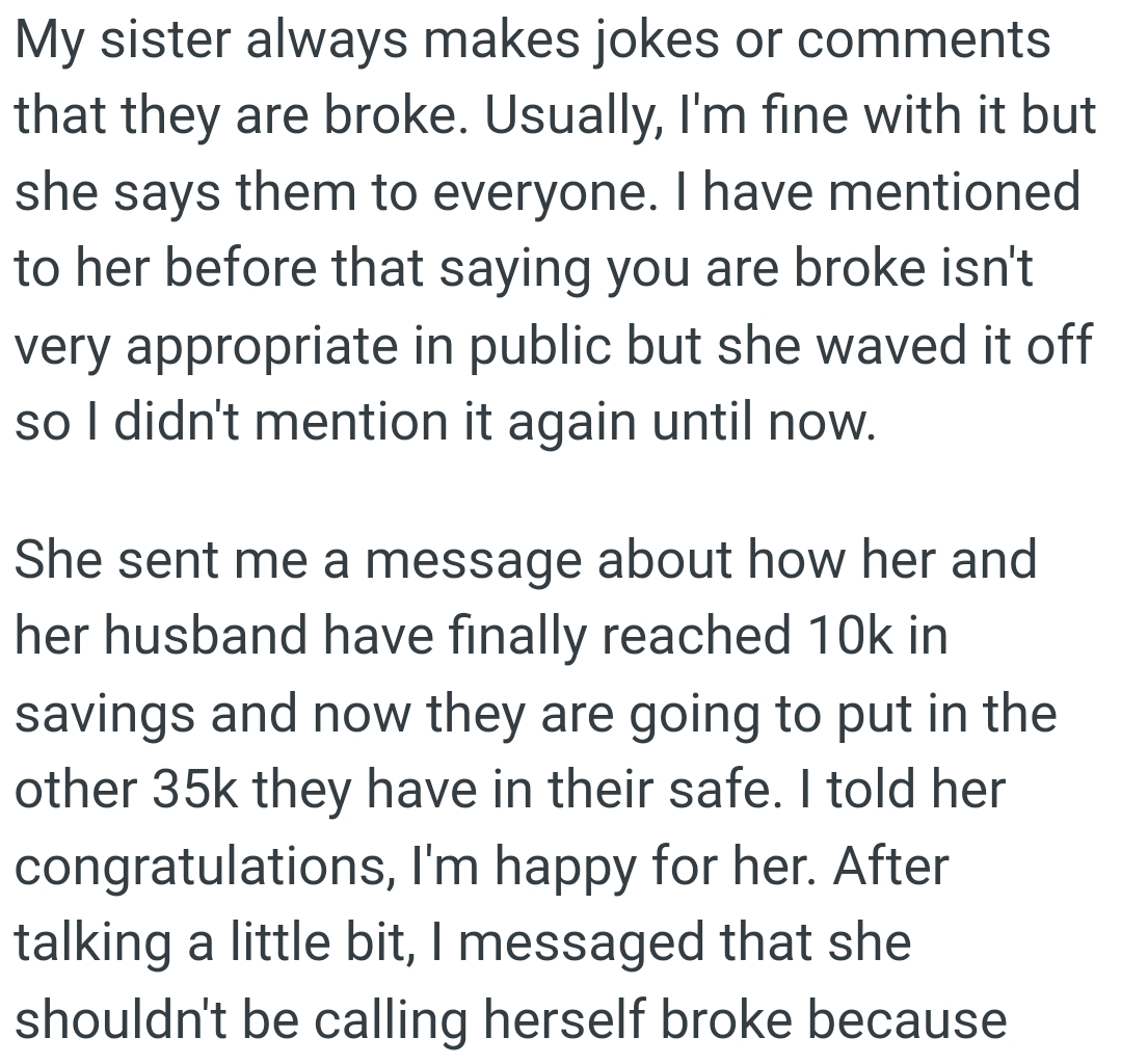 She sent OP a message about how her and her husband have finally reached 10k in savings