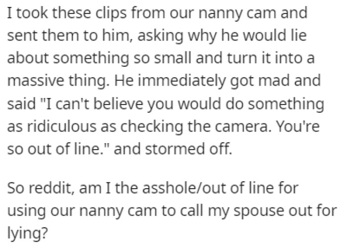 OP sent him the clips from the nanny cam and he immediately got mad