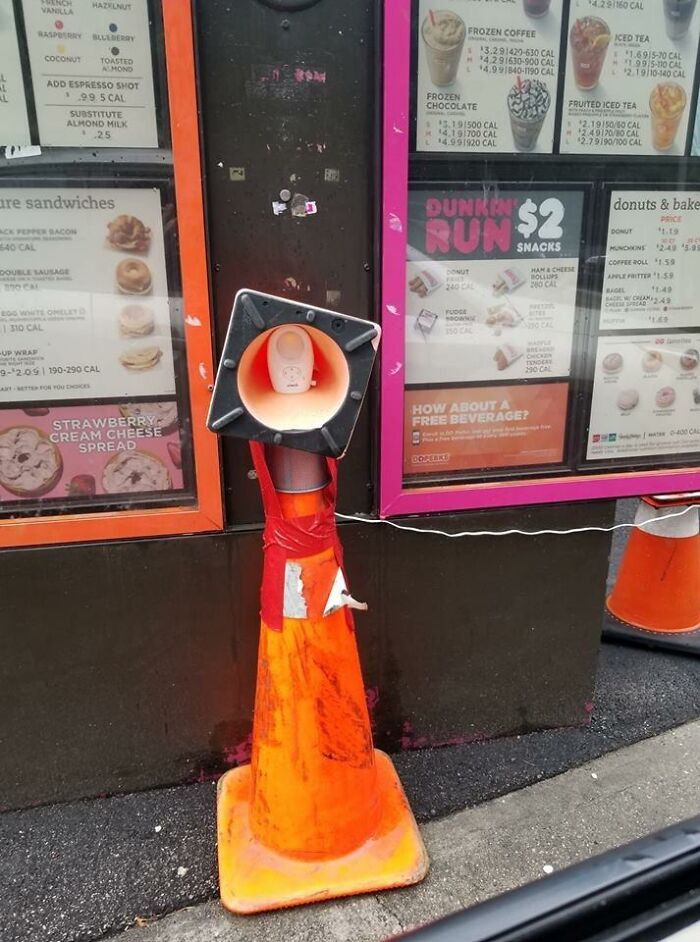 5. The drive-through speaker at my nearby Dunkin' Donuts is out of order, and they're improvising by using a baby monitor instead.