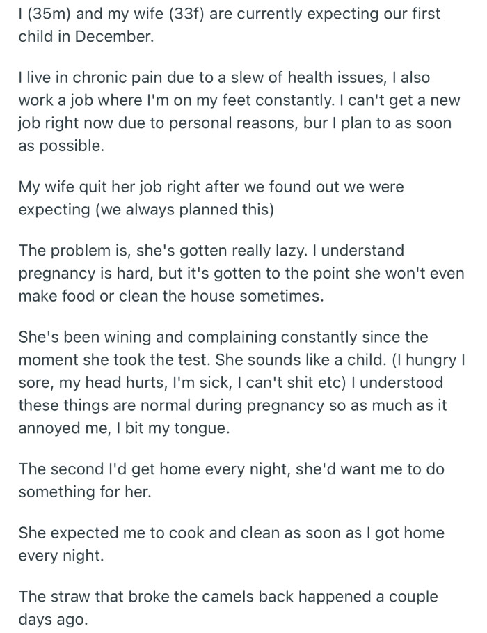 OP is complaining that his wife has become too lazy since she found out about her pregnancy