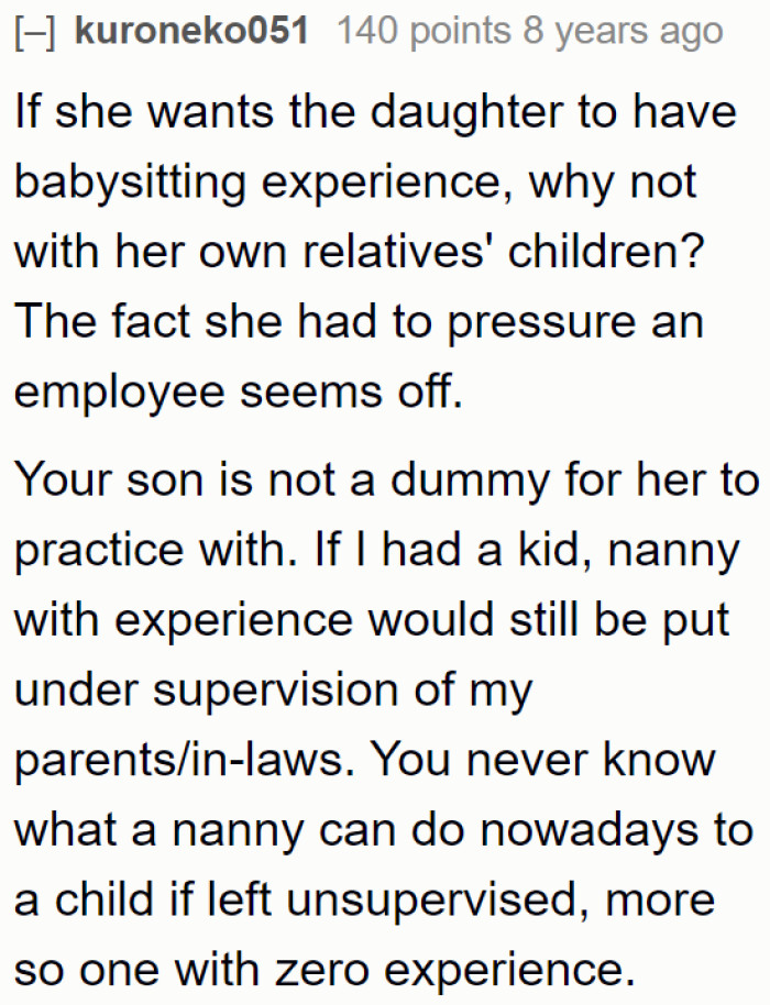 manager-pressures-young-mother-to-hire-her-teen-daughter-as-babysitter